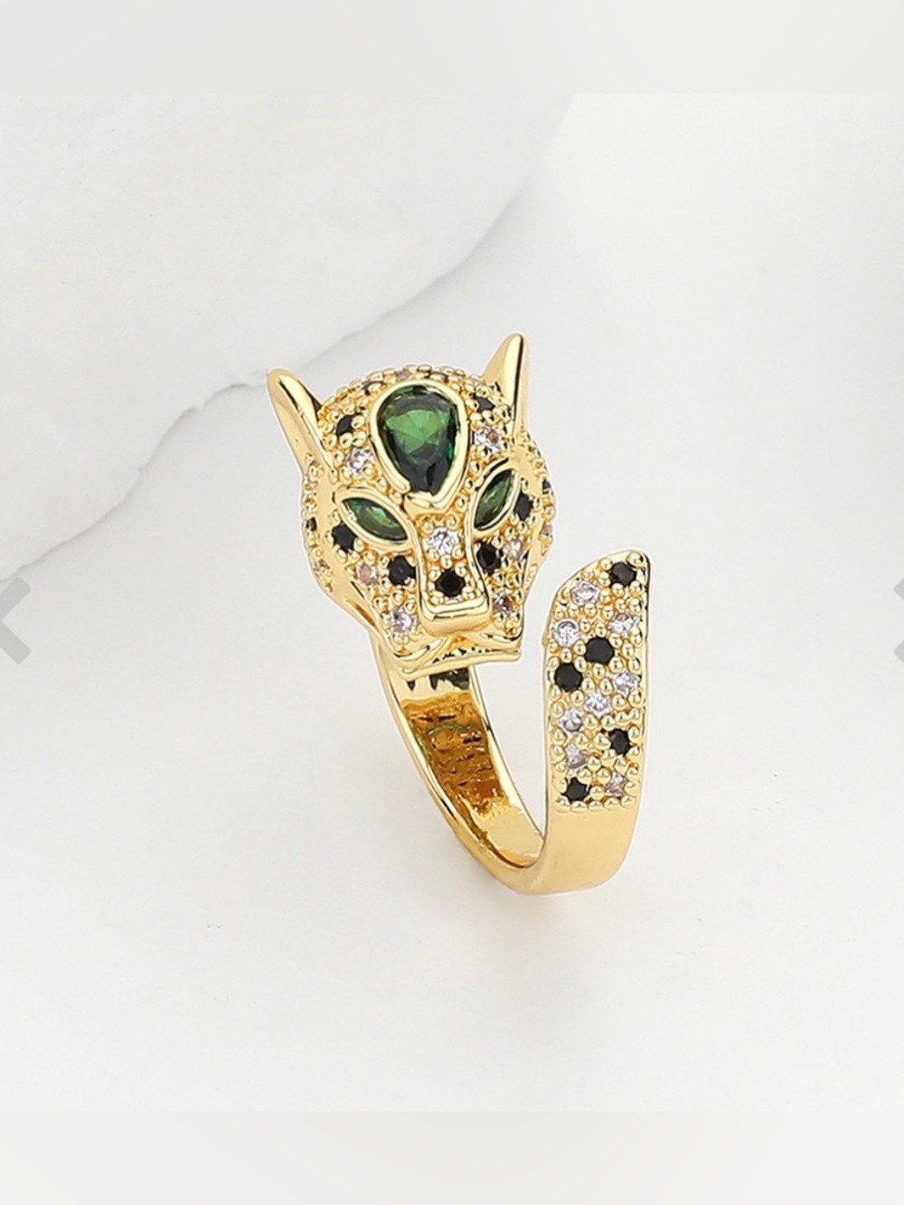 Gold Leopard Head Ring with Green Crystal Accents